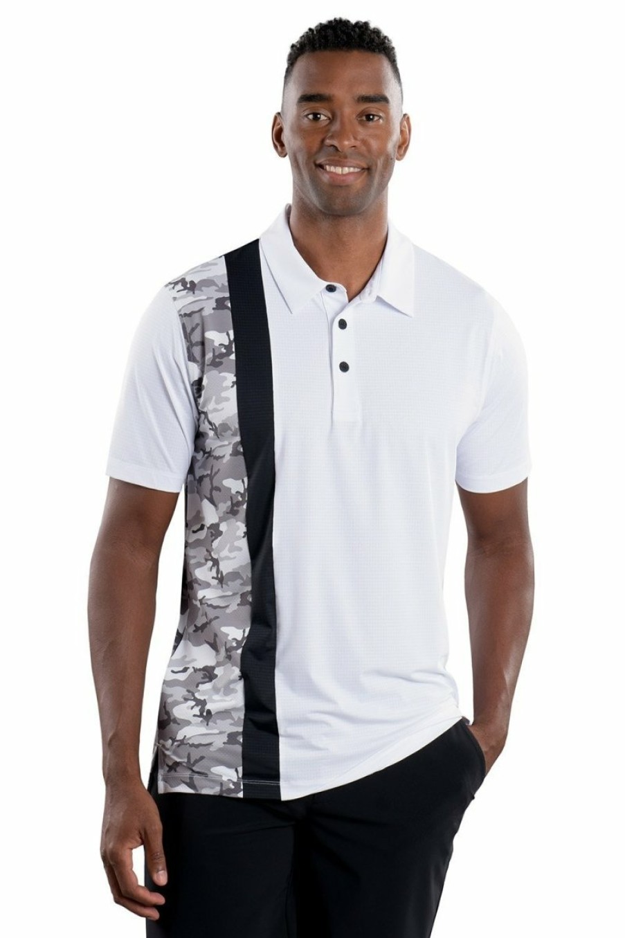 Men's Apparel SwingDish | Trey White Black/Camo Vertical Stripe Polo