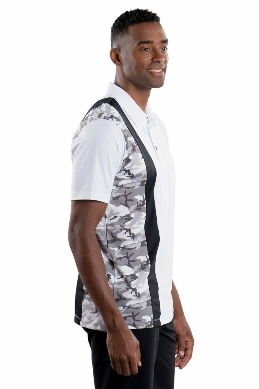 Men's Apparel SwingDish | Trey White Black/Camo Vertical Stripe Polo