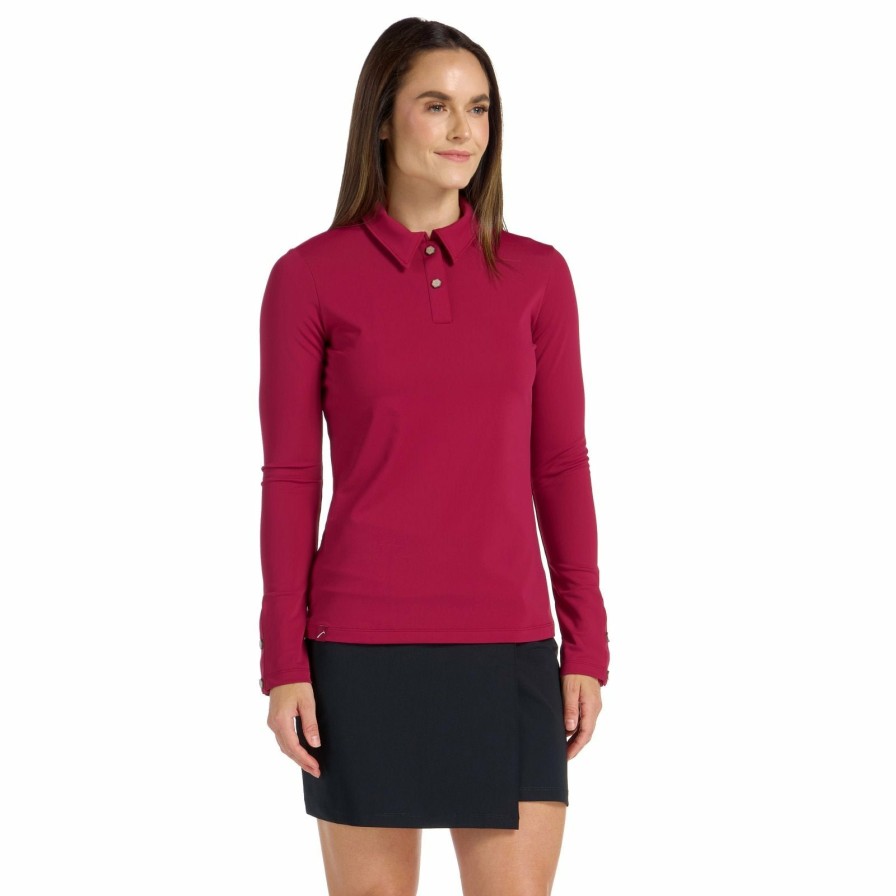 Tops SwingDish | Clara Long Sleeve Crimson Golf Shirt